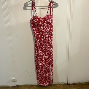 Red/White flower dress with slit on left side.